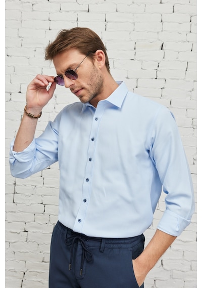 AC&Co / Altınyıldız Classics Erkek Acık Mavı Comfort Fit Geniş Kesim Klasik Yaka Pamuklu Rahat Armürlü Gömlek Acık Mavı Açık Mavi