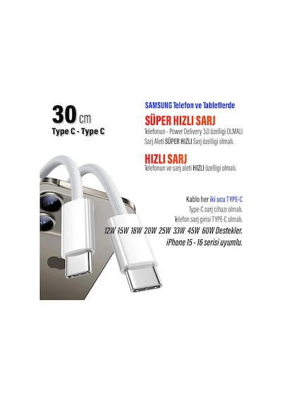30cm Typec Şarj Kablosu 60w Hızlı Type-c Girişli Samsung Telefon Uyumlu Typec To Typec