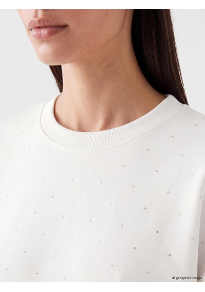 Lcw Everyday Beyaz Taşlı Soft Touch Oversize Kadın Sweatshirt Tunik