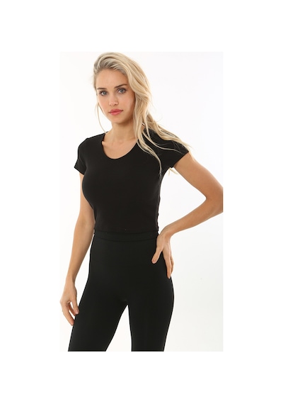 Rooted-kadın Basic Crop V Yaka Kaşkorse T-shirt SIYAH