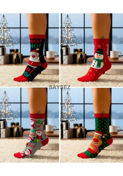 Saysez Unisex Yılbaşı Desenli 4'lü Paket Renkli Soket Çorap Christmas Happy New Year Çok Renkli