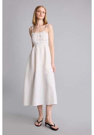 Defacto Kare Yaka Keten Görünümlü Askılı Midi Elbise H9672ax26smer105 Ekru-er105