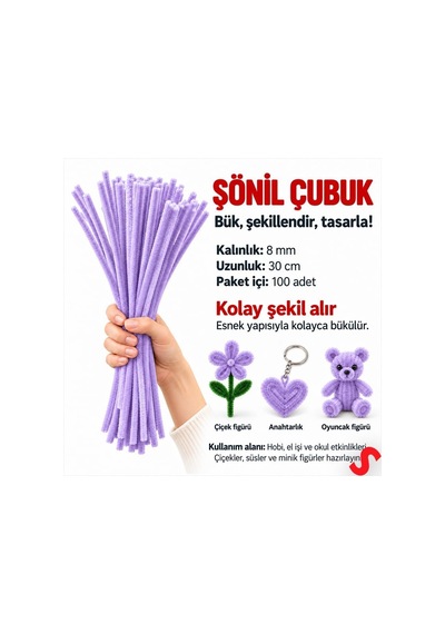 Şönil Çubuk 8 Mm Kalınlık 30 Cm Uzunluk, 100 Adet - Lila