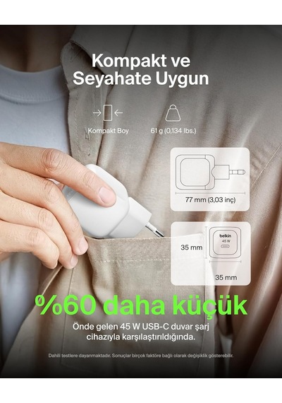 Belkin Kompakt Duvar Şarj Cihazı 45 W + Usb-c - Usb-c Kablosu, Ap