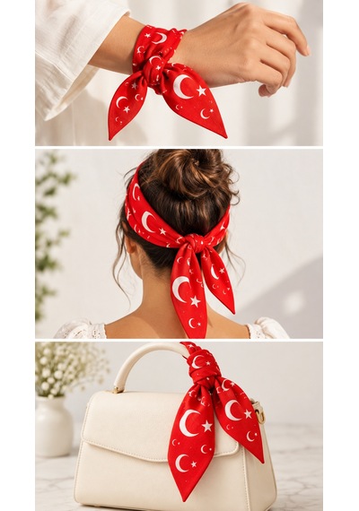 Herşeynota 10 Lu Kırmızı Ay Yıldız Desenli %100 Pamuk 52x52 Cm Fular Bandana Seti Çok Renkli