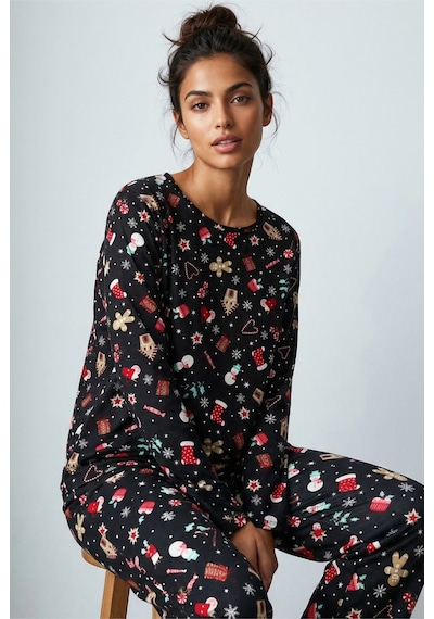 Siyah İnci Yumuşak Dokulu Süet Örme Pijama Takım 7983 Siyah Yılbaşı