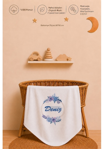 Erkek Bebek Hediyesi İsme Özel 80x80 Cm Çift Kat Penye Bebek Battaniyesi %100 Pamuk Ham Bez Kıyafet Keseli 2044bk0x