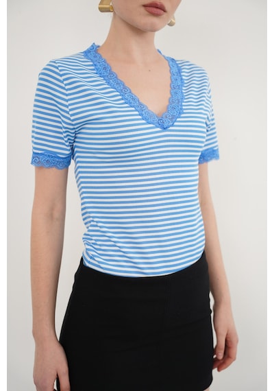 Verymoda D 3006 Yaka Ve Kol Ucu Güpür V Yaka T Shırt - D3006 Mavi