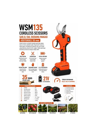 Algaride Wedo Wsm135 21v Şarjlı Dal Budama Makası 35mm Kesim Kapasiteli Göstergeli Çift Akülü Profesyonel Budama Makası