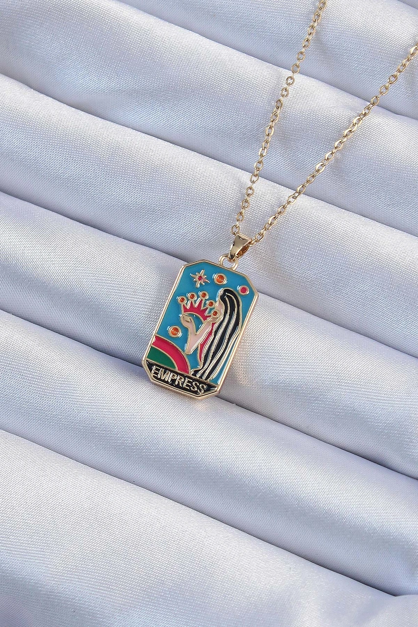 316l Çelik Zincir Altın Renk Taç Ve Kız Figürlü Renkli Mineli Tarot Kolye