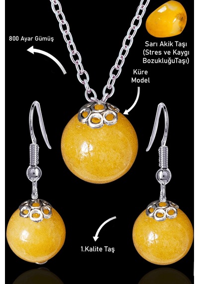Sertifikalı Küre Model Turuncu Akik Taşı Kolye Ve Küpe Seti - Güm Çok Renkli