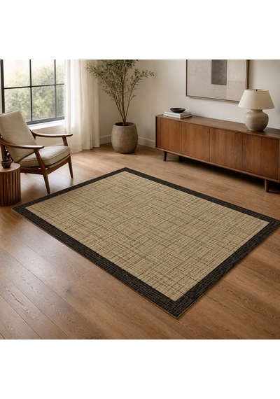 Kartela Halı Jüt Görünümlü Kalın Çerçeveli Halı Natürel Siyah Kaymaz Taban 160x240 Cm