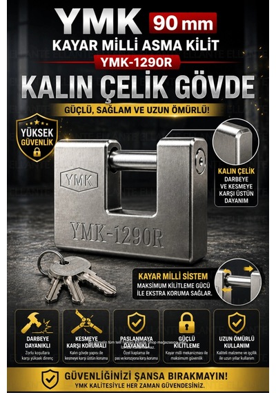 Kayar Milli Asma Kilit Ymk-1290r Kalın Çelik Gövde Yüksek Güvenlikli Paslanmaya Dayanıklı 3 Anahtarl