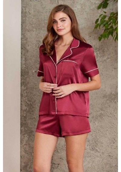 Pierre Cardin 1205 Kadın Saten Önden Düğmeli Şortlu Pijama Takım-bordo Bordo