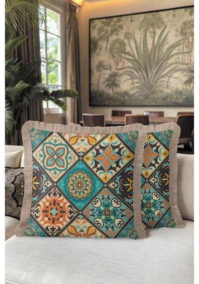 Oriental Lüks Saçaklı Yastık Kılıfı - Vintage Etnik Mint Yeşil Püsküllü Kırlent Kılıfı Grili Kobalt Mavi