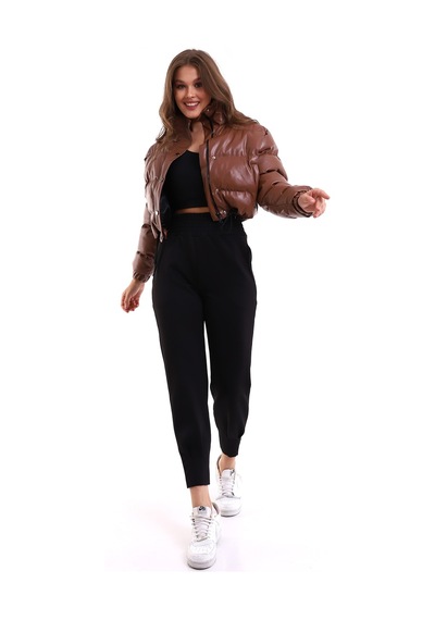 Winmoda34 Deri Kadın Şişme Mont Kısa Kahve