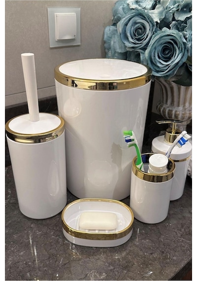Makri Home Banyo Seti 5'li,akrilik-çöpkovası,wc Fırçalık,sıvı Sabunluk,diş Fırçalık,el Sabunluk,gold Renk Detay Beyaz