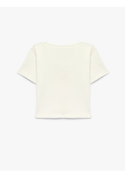 Koton Kısa Kollu Slim Fit Bisiklet Yaka Pamuklu Baskılı Crop Tişört Ekru 6skg10477ak