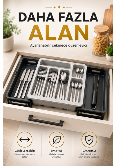 Sürgülü Ayarlanabilir Kaşıklık Organizer Çekmece İçi Düzenleyici S-10555 Gri