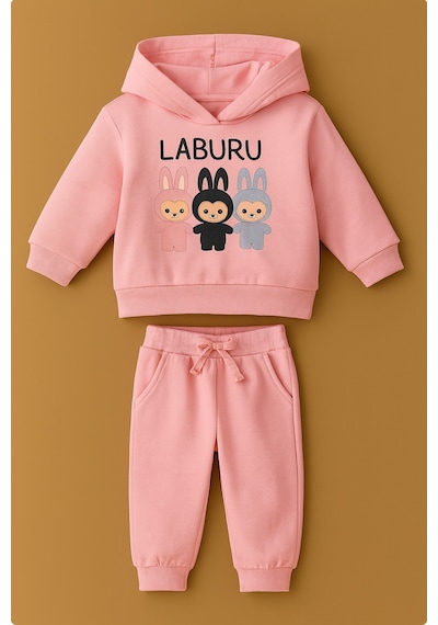Esila Kids Kız Çocuk Eşofman Takımı Labubu Takım Kapüşonlu Baskılı Sweatshirt Ve Pantolon Pudra