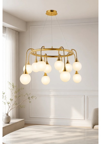 Eskitme Premium Gold 15 Opal Küreli Led Avize Salon Yemek Odası Dekoratif Sarkıt Avize 60w