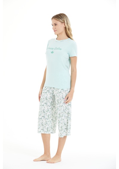 Lılac Kadın Çiçek Desenli %100 Viscon Capri Pijama Takımı Mint Yeşili