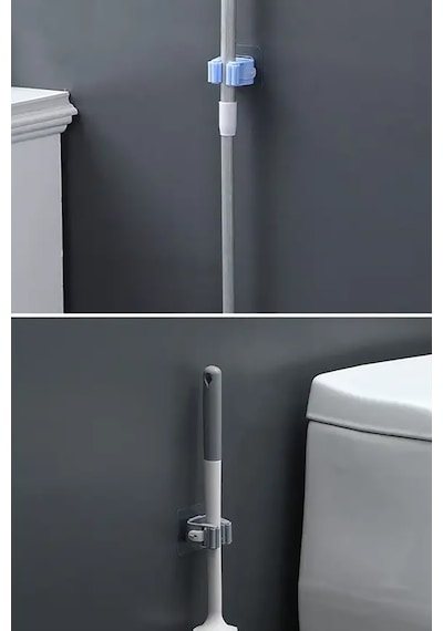Yapışkanlı Pratik Mop Fırça Tutucu 4 Adet Poratif Banyo, Mutfak Askısı Gri