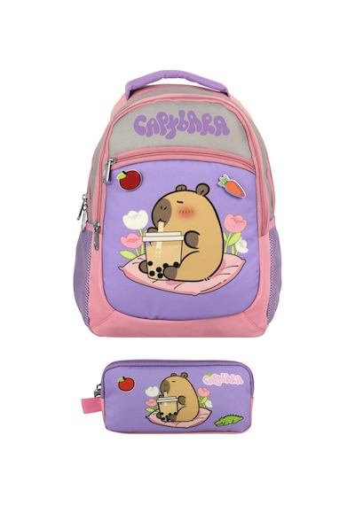 Capybara Kız Çocuk İlkokul Sırt Çantası Ve İki Gözlü Kalemlik Seti - Mor - Pembe - Setcpb5233c Çok Renkli
