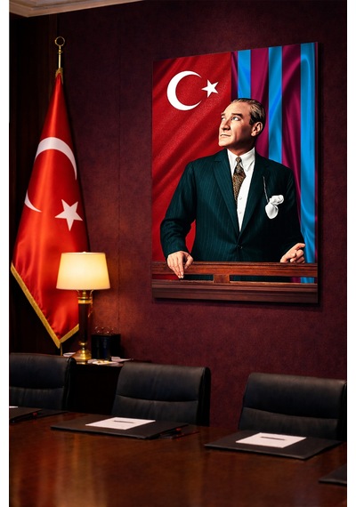Kırılmaz Cam Tablo 5mm Kalın - Ev İşyeri Duvar Dekorasyonu Atatürk Bordo Mavi Takım - Mustafa Kemal Portre Şık Klasik Salon Yatak Odası Temperli Uv Baskılı Hediyelik
