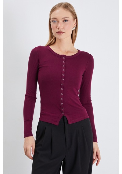 Fullamoda Önü Çıtçıtlı Ribanalı Slim Fit Bluz Mürdüm