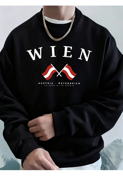 Startmore Tarzsokak Viyana Avusturya Bayrağı Baskılı Erkek Sweatshirtleri Kışlık Bisiklet Yaka Kapüşonlu Sokak Gi Siyah