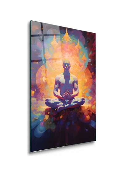 Renkli Aurada Lotus Meditasyonu Çerçevesiz Cam Tablo