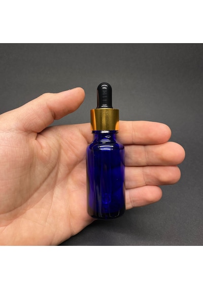 20ml Mavi Cam Damlalıklı Şişe , Gold Metal Kapak , 20 Cc Mavi Cam