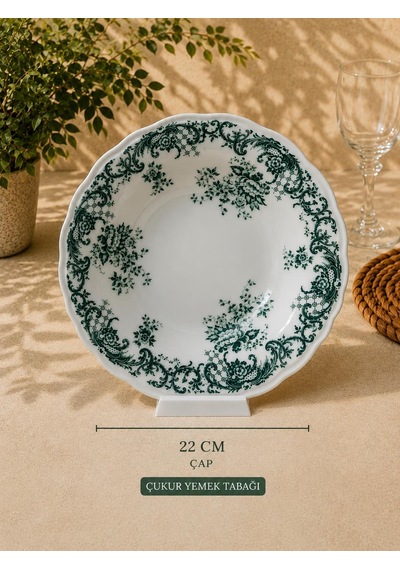6 Kişilik 24 Parça Vintage Yeşil Desenli Porselen Yemek Takımı Seti