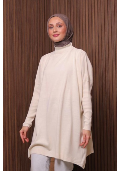 Balenbi Kadın Dik Yaka Basic 80cm Salaş Oversize Triko Tunik 1145 Ekru