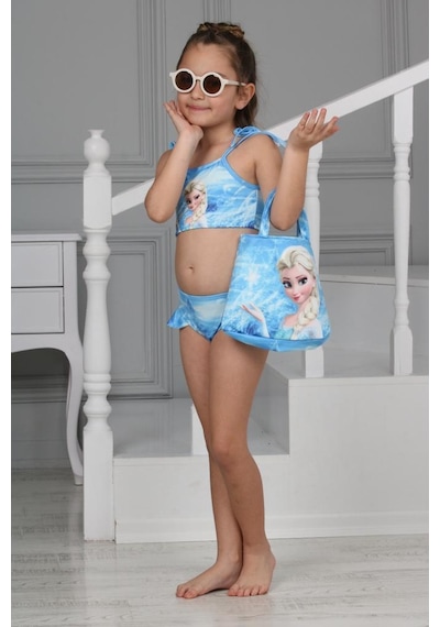 Kız Çocuk 3 Parça Çantalı Bikini 0127 Mavi