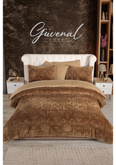 Güvenal Vome Çantalı Jakarlı Çift Taraflı Wellsoft 230 X 250 Cm Battal Boy Yorgan Seti 1 Yorgan + 2 Yastık Kılıfı Yumuşak Dokulu Kabarık Kışlık Yorgan Çeyizlik Kahverengi