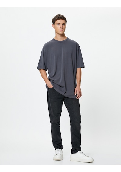 Koton Oversize Tişört Basic Bisiklet Yaka Kısa Kollu Pamuklu Mavi 4sam10108hk Mavi