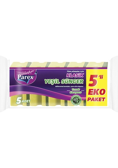 Parex Klasik Yeşil Oluklu Sünger 5'li Eko Paket