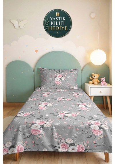 Gri Çiçekli Genç Odası Tek Kişilik Pike Takımı - Pembe Modern Gül 160x220 Cm Kapitone Yatak Örtüsü Hafif Defne Kırıntısı