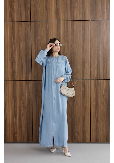 6470-denim Fermuarlı Ferace Mavi Mavi