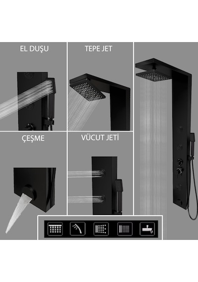 Venüs Siyah Premium Lena Masajlı Duş Paneli - Dikey Jakuzi - Robo Siyah