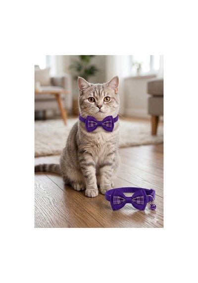 Purple Mor Ekose Desenli Çanlı Kedi Papyonu / Ayarlanabilir