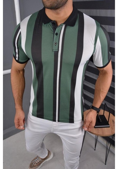 Mcz Giyim Yeşil - Beyaz Renk Polo Yaka Slim Fit Erkek T-shirt Yeşilbeyaz