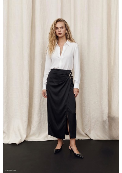 Sateen Toka Detaylı Saten Etek - Siyah-138053