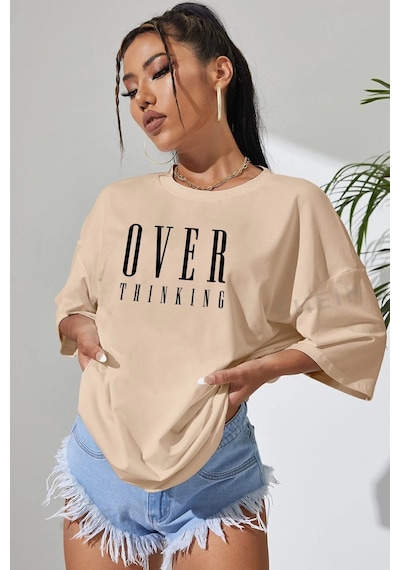 Uyguntarz Unisex Over Thinking Baskılı Tasarım Tshirt Bej