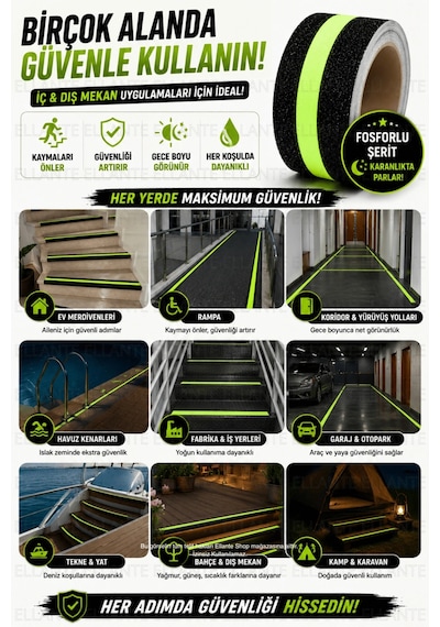 Fosforlu Kaydırmaz Bant 5 Cm X 3 Metre Gece Parlayan Güçlü Yapışkanlı Merdiven Güvenlik Bandı İç Dış