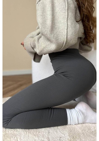 Madmext Füme Yüksek Bel Kadın Fitilli Tayt Mg1625 Füme