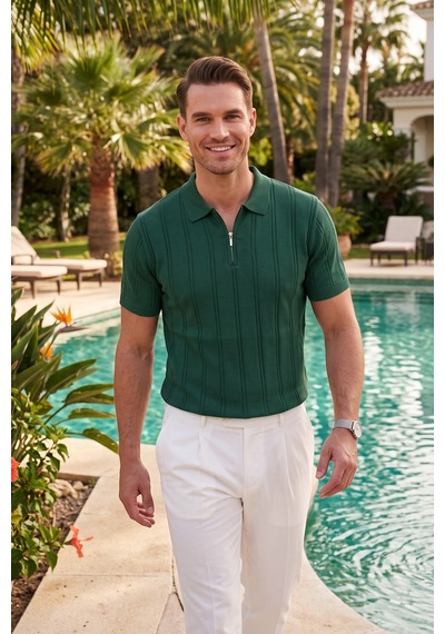 Deepsea Erkek Fermuarlı Polo Yaka Çizgi Dokulu Yeşil Triko Tişört Regular Fit Yumuşak Dokulu 2608007 Deepsea Erkek Fermuarlı Polo Yaka Çizgi Dokulu Yeşil Triko Tişört Regular Fit Yumuşak Dokulu 2608007