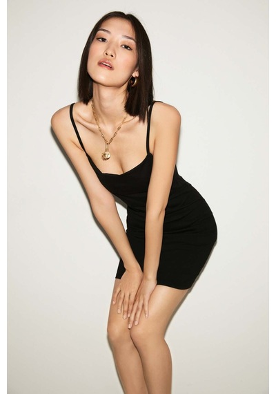 Ethıquet Rose Kadın Askılı Slim Fit Mini Siyah Elbise